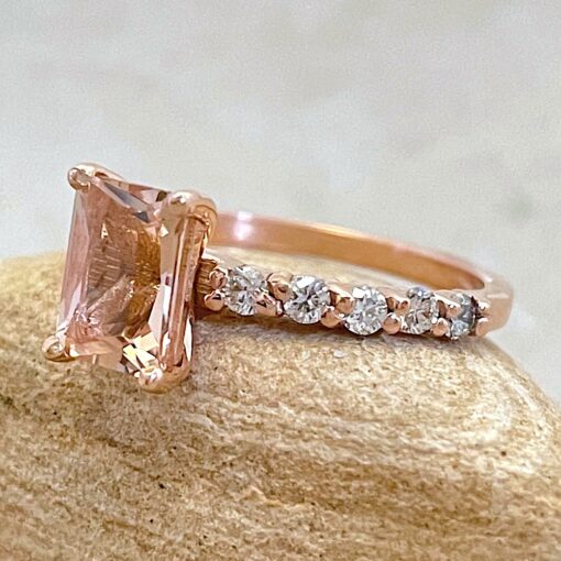 Radiant Cut Morganite Ring Lab Grown Organic Diamonds Rose Gold LS5539