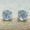 Round Cut Aquamarine Flower Prong Earrings White Gold Platinum LS6312