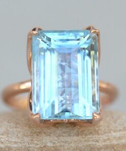 Solitaire Emerald Cut Blue Aquamarine Engagement Ring Rose Gold LS6244