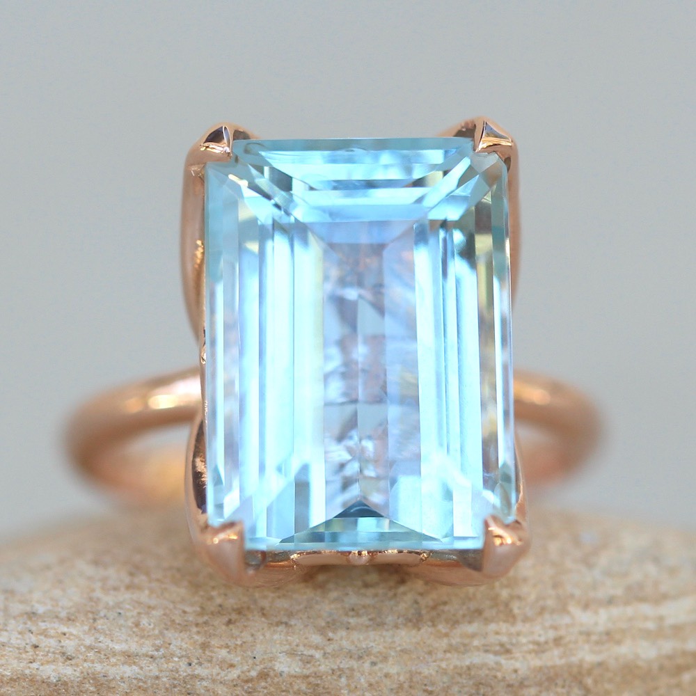 Solitaire Emerald Cut Blue Aquamarine Engagement Ring Rose Gold LS6244