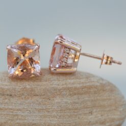 AAA Cushion Cut Peach Morganite Diamond Halo Earrings Rose Gold LS5751