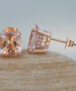 AAA Cushion Cut Peach Morganite Diamond Halo Earrings Rose Gold LS5751