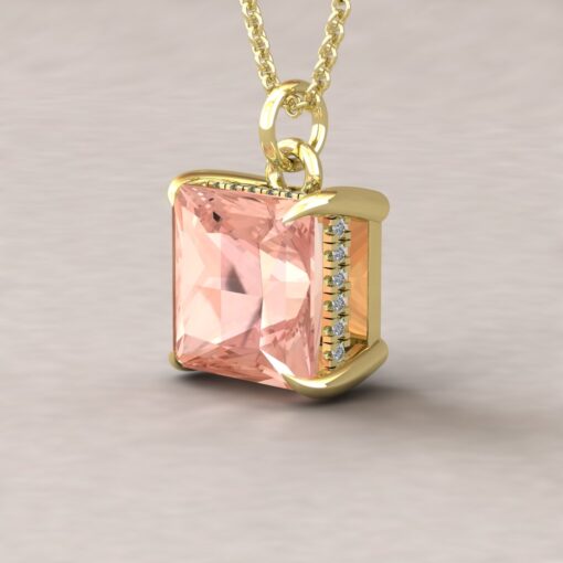 AAA Peach Morganite Diamond Halo Claw Prong Pendant Yellow Gold LS5737