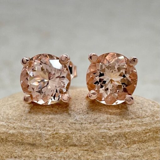 AAA Peachy Pink Round Morganite Earrings Claw Prongs Rose Gold LS5750