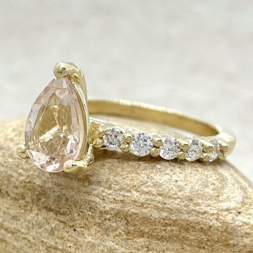 AAA Pear Cut Peachy Pink Morganite Engagement Ring Yellow Gold LS5873