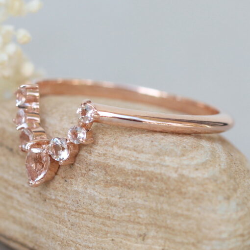 Contoured Round Pear Cut Morganite Crown Wedding Band Rose Gold LS6125