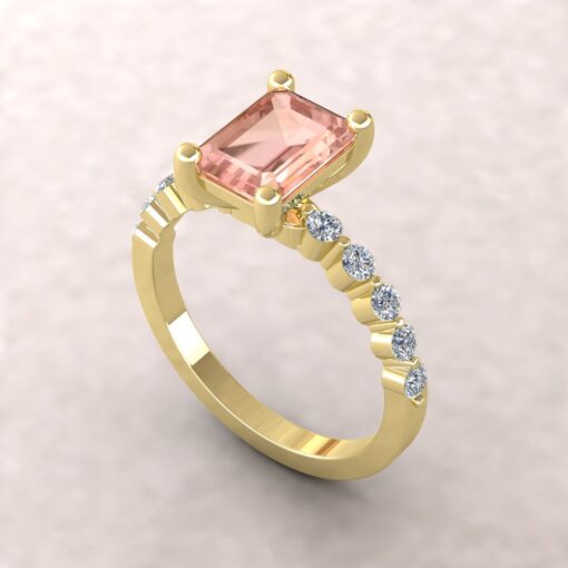 Emerald Cut AAA Peachy Pink Morganite Diamond Ring Yellow Gold LS5948