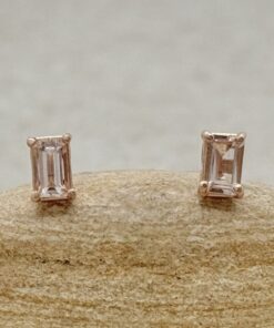 Emerald Cut Peach Pink Morganite Push Back Post Studs Rose Gold LS6386