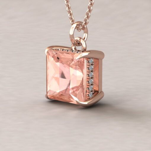 Genuine Princess Cut Morganite Diamond Halo Necklace Rose Gold LS5737