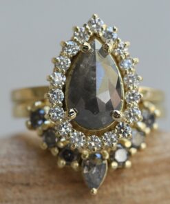 Geometric Pear Cut Salt and Pepper Diamond Ring Set Yellow Gold LS6414