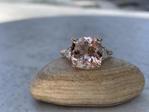 Custom 11mm square cushion morganite and trillion diamond ring - Image 2