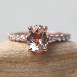 Oval Genuine Peachy Pink Morganite Ring Ten Diamonds Rose Gold LS5872