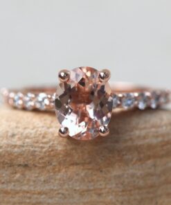Oval Genuine Peachy Pink Morganite Ring Ten Diamonds Rose Gold LS5872