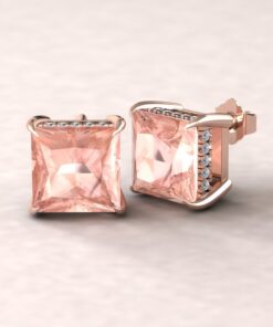 Princess Cut AAA Morganite Earrings Diamond Side Halo Rose Gold LS5747