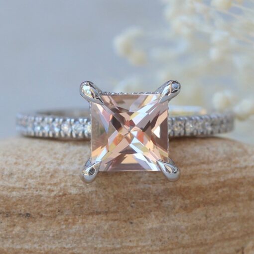 Princess Cut Peach Morganite Diamond Ring White Gold Platinum LS5830