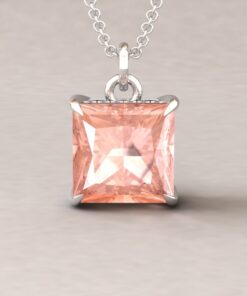 Princess Cut Peachy Pink Morganite Necklace White Gold Platinum LS5737