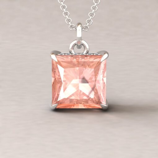 Princess Cut Peachy Pink Morganite Necklace White Gold Platinum LS5737