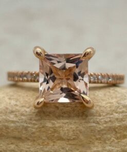 Princess Cut Peachy Pink Morganite Ring Claw Prongs Rose Gold LS5830
