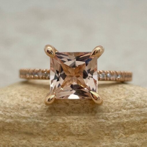 Princess Cut Peachy Pink Morganite Ring Claw Prongs Rose Gold LS5830