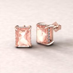 Radiant Cut AAA Morganite Earrings Diamond Side Halos Rose Gold LS5748