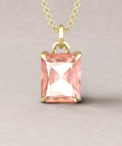 Radiant Cut Genuine Peachy Pink Morganite Necklace Yellow Gold LS5738