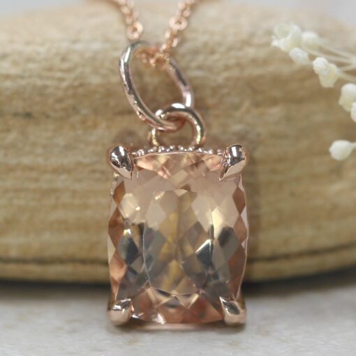 Rectangular Cushion Cut Morganite Pendant Claw Prongs Rose Gold LS5739