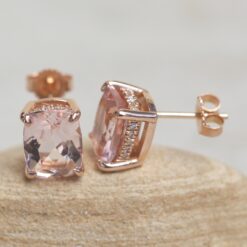 Rectangular Cushion Morganite Earrings Diamond Halos Rose Gold LS5749