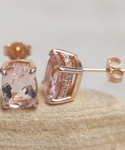 Rectangular Cushion Morganite Earrings Diamond Halos Rose Gold LS5749