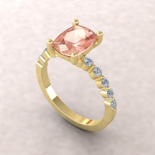 Rectangular Cut Morganite Ring Diamond Side Stones Yellow Gold LS5875