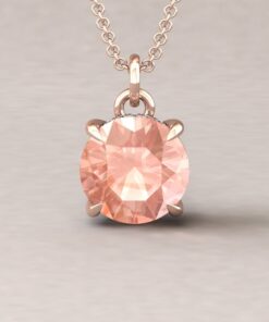 Round Cut Morganite Necklace Fang Prongs Diamond Halo Rose Gold LS5740