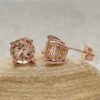 Round Cut Peach Morganite Earrings Diamond Side Halos Rose Gold LS5750