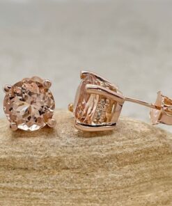 Round Cut Peach Morganite Earrings Diamond Side Halos Rose Gold LS5750