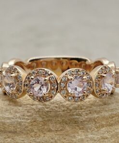 Round Cut Peach Morganite Wedding Band Diamond Halo Rose Gold LS5106
