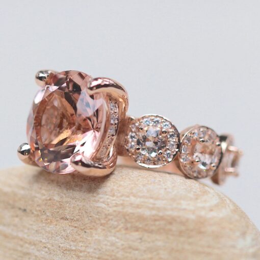 Round Cut Peach Pink Morganite Halo Engagement Ring Rose Gold LS5908