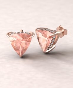 Trillion Peach Morganite Diamond Earrings Fang Prongs Rose Gold LS5752