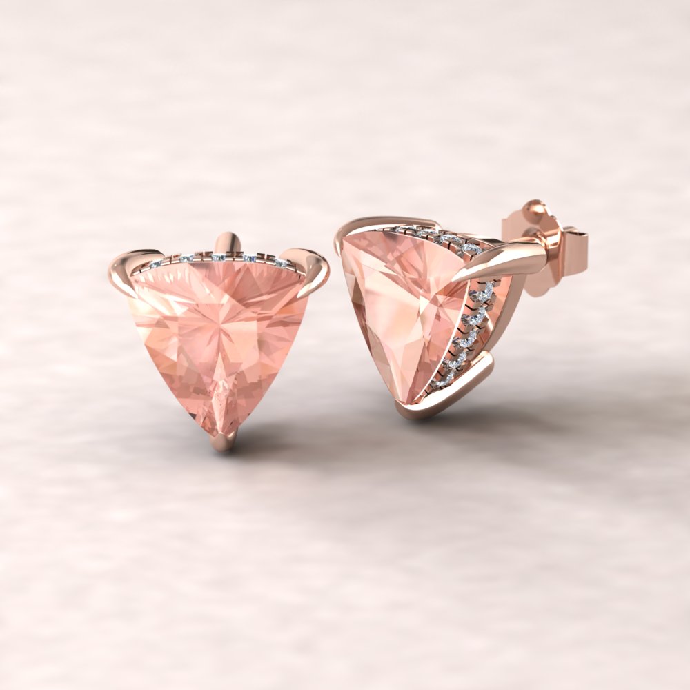 Trillion Peach Morganite Diamond Earrings Fang Prongs Rose Gold LS5752