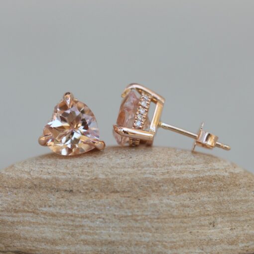 8mm Heart Morganite Stud Earrings with Diamonds 18k Rose Gold LS5744