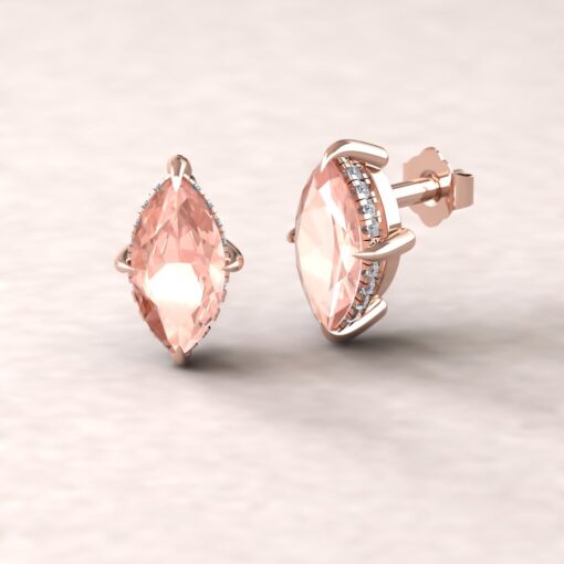 AAA Marquise Cut Peach Morganite Earrings Claw Prongs Rose Gold LS5745