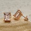 Emerald Cut Morganite Gemstone Earrings Diamond Halos Rose Gold LS5743
