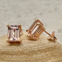 Emerald Cut Morganite Gemstone Earrings Diamond Halos Rose Gold LS5743