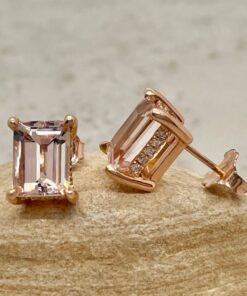 Emerald Cut Morganite Gemstone Earrings Diamond Halos Rose Gold LS5743