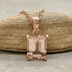 Emerald Cut Peachy Pink Morganite Pendant Claw Prongs Rose Gold LS5733