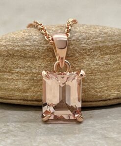Emerald Cut Peachy Pink Morganite Pendant Claw Prongs Rose Gold LS5733
