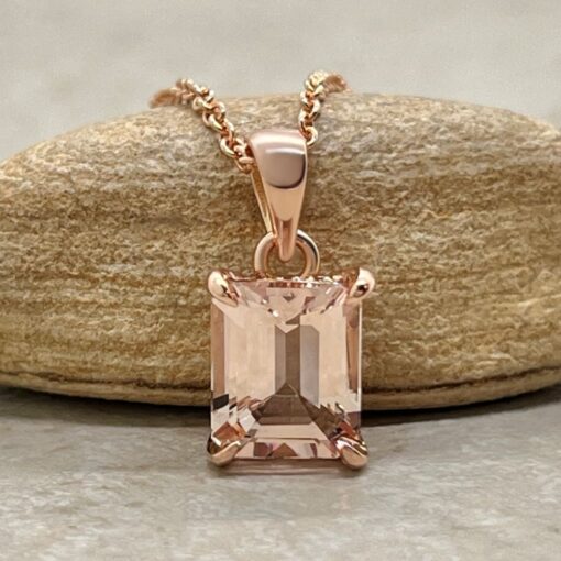 Emerald Cut Peachy Pink Morganite Pendant Claw Prongs Rose Gold LS5733