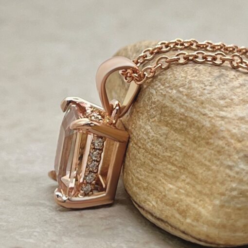 Emerald Cut Peachy Pink Morganite Pendant Hidden Halo Rose Gold LS5733