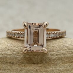 Emerald Cut Peachy Pink Morganite Ring Diamond Halo Rose Gold LS5824