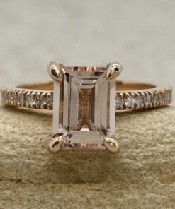 Emerald Cut Peachy Pink Morganite Ring Diamond Halo Rose Gold LS5824