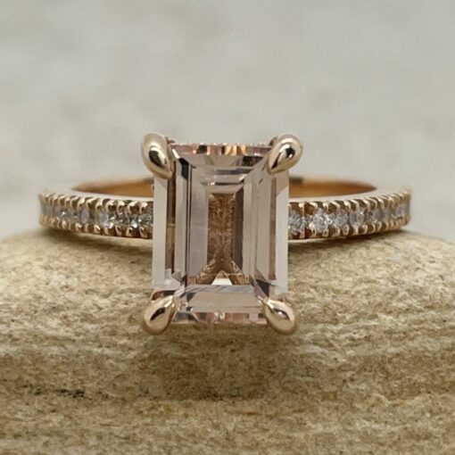 Emerald Cut Peachy Pink Morganite Ring Diamond Halo Rose Gold LS5824