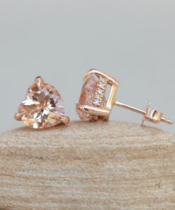 Heart Cut Peach Morganite Stud Earrings Claw Prongs Rose Gold LS5744