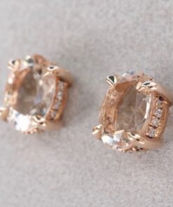 Oval Cut Peachy Pink Morganite Earrings Diamond Halos Rose Gold LS5753